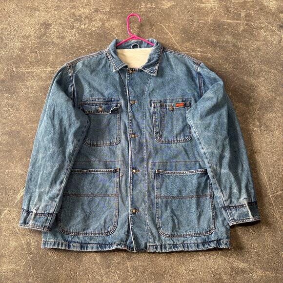 Vintage Jeep Denim Chore Coat Mens XL Blue Jean Jacket Utility 90s Faded Barn - Picture 1 of 10